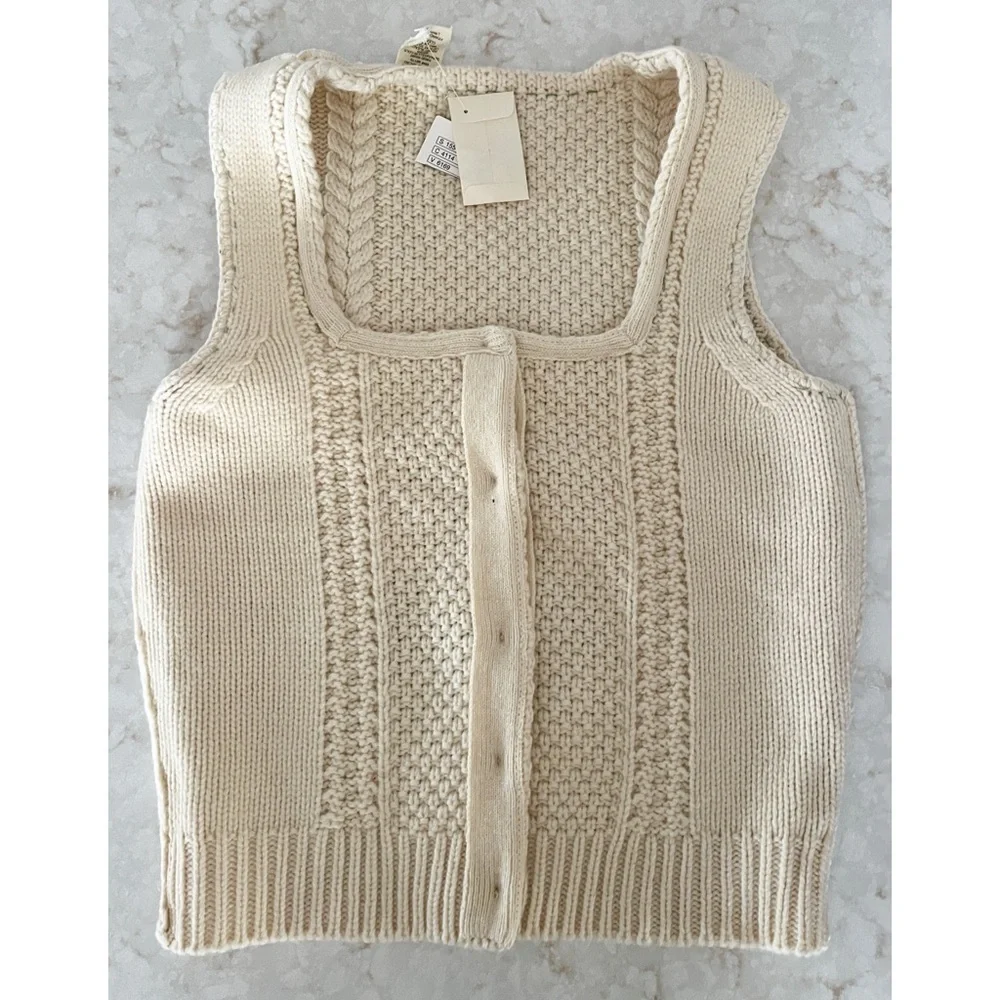 Anthropologie Field Flower Ivory Knit Button-Up Square-Neck Vest Medium NWT